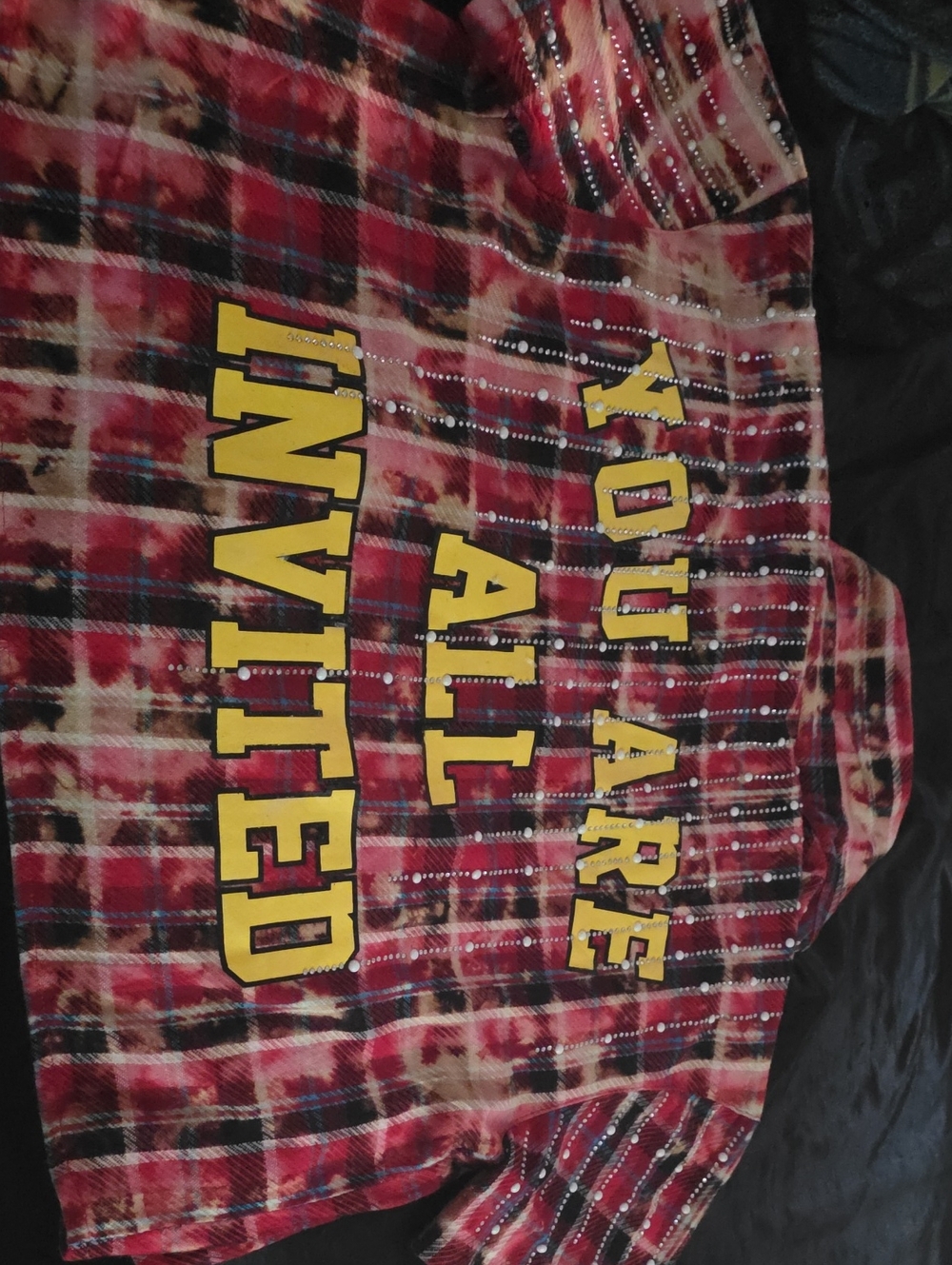 Red Plaid Bomber Jacket with Yellow Lettering